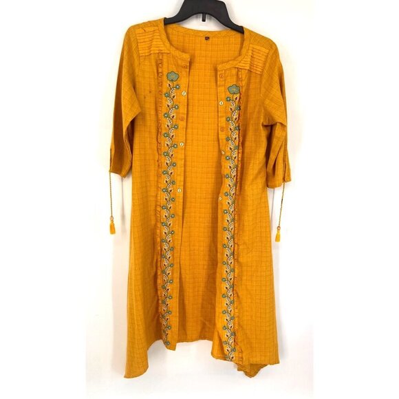 Unbranded Tops - Unbranded Longline Topper Cardigan House Coat Size 40 Yellow Embroidered Border